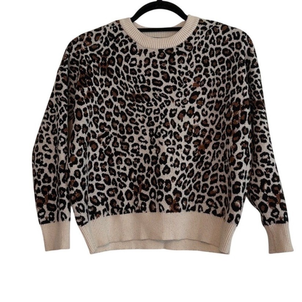 T Tahari Womens Tan Black Leopard Animal Print Crewneck Knit Sweater Pullover